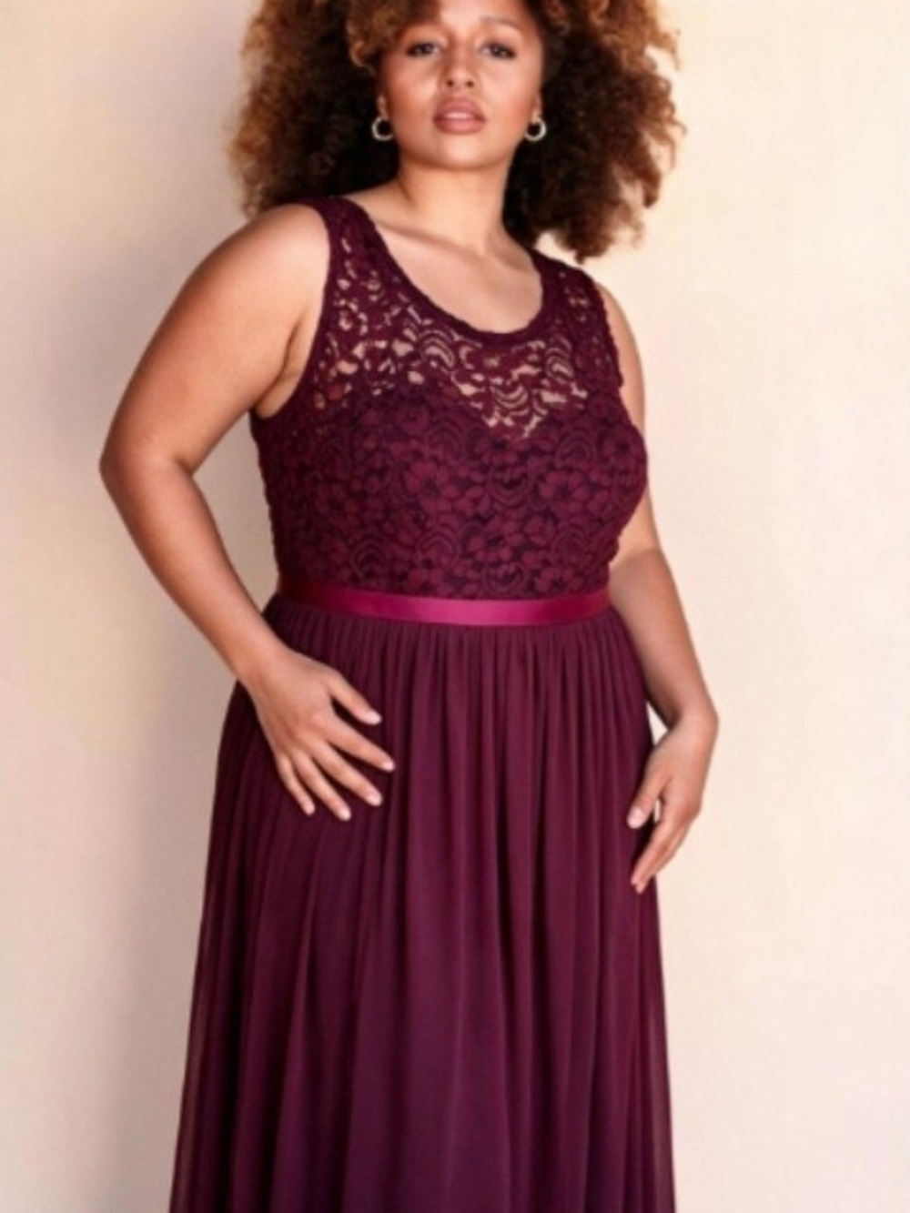 Davids Bridal Elegant Lace Bodice Sleeveless Maxi Dress - Burgundy FREE Earrings